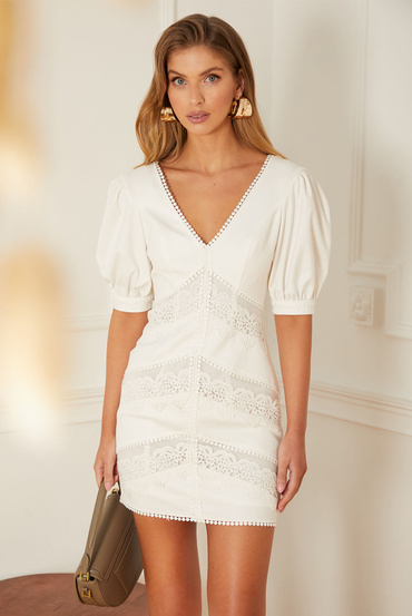 Sheila - Women's Cream Dress with lace ribbons boho style mini 'Dolores'.