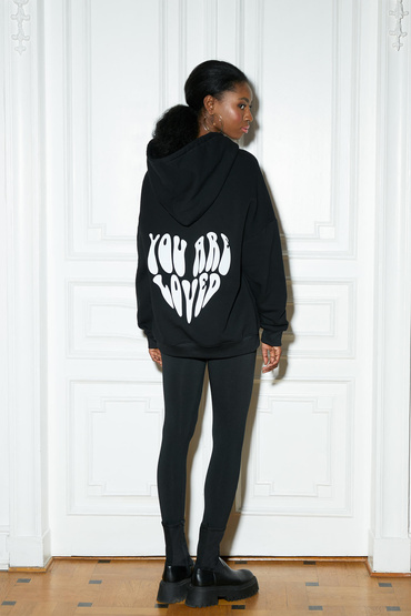 Sheila - Women's black sweatshirt with a heart on the back 'You Are Loved'